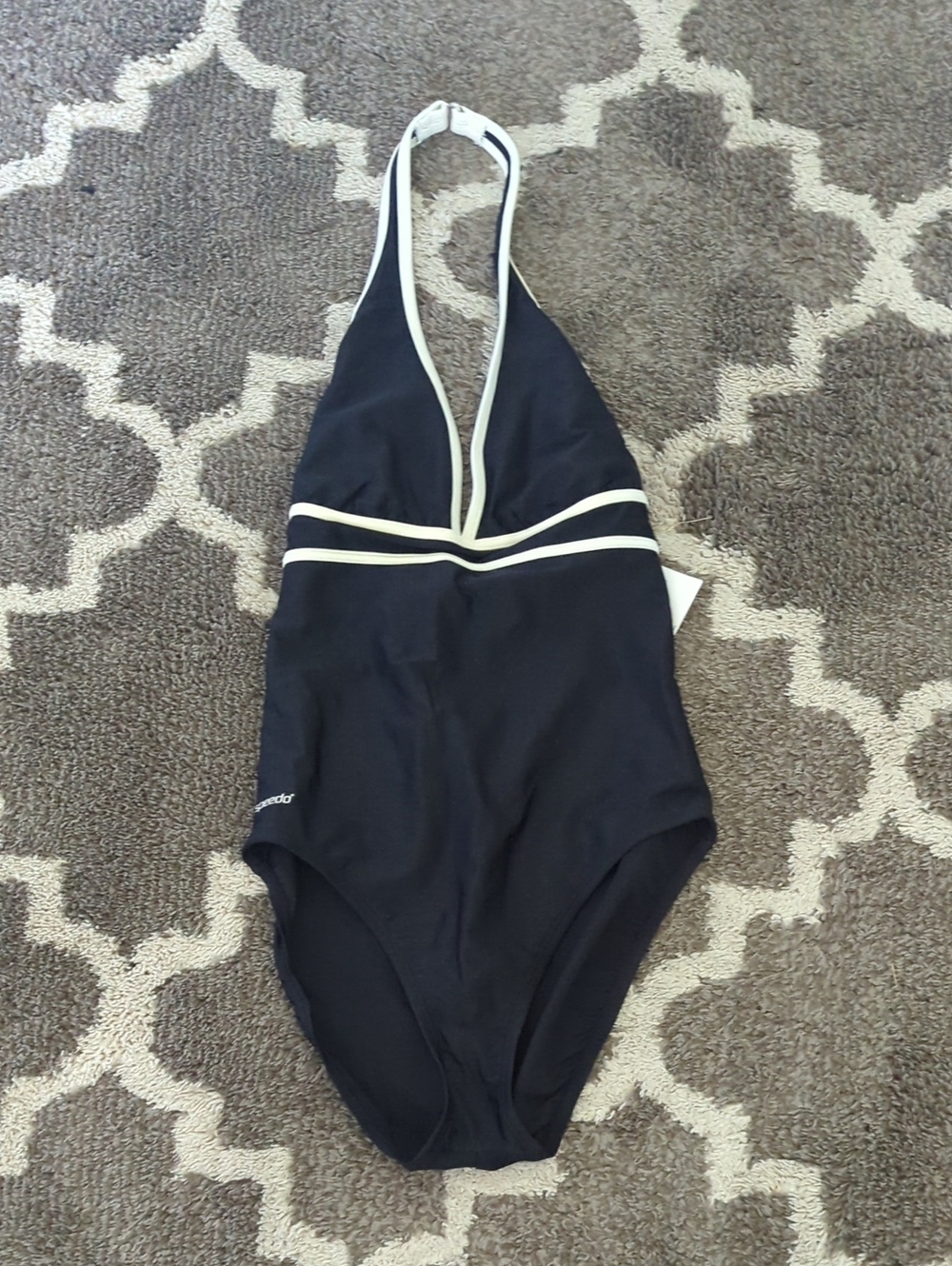 Black One-Piece Halter Swimsuit with White Trim
